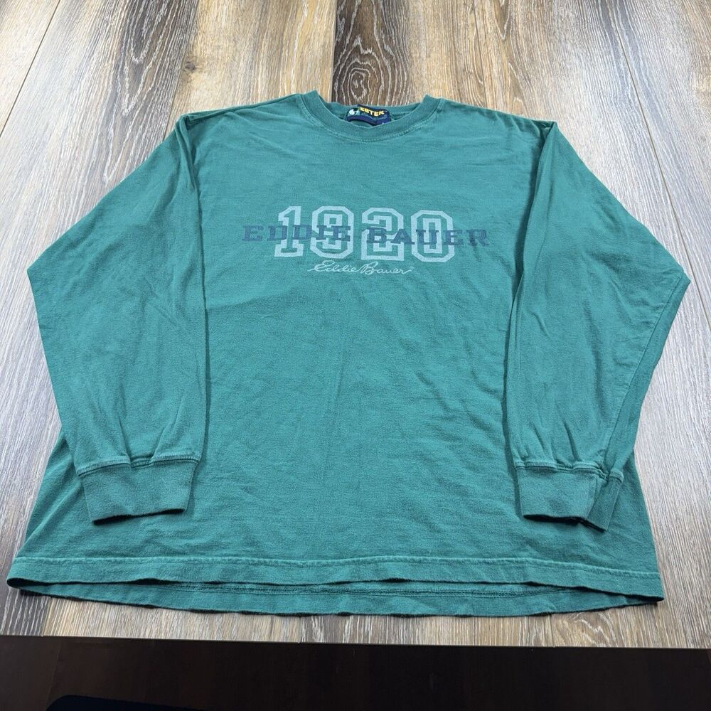 Vintage Eddie Bauer Shirt Mens M Green EBTEK Spellout Hiking Camping Long Sleeve